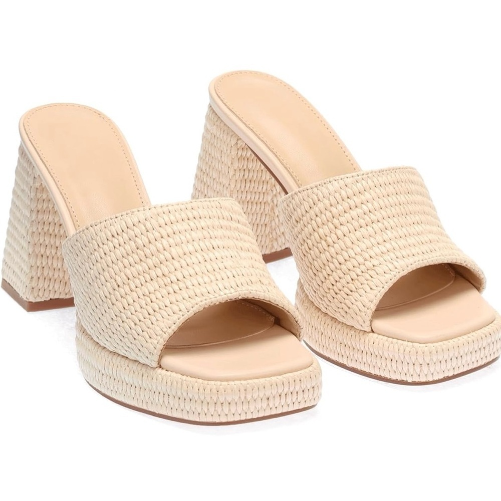 Woven Cream Block Heel Slide Sandals